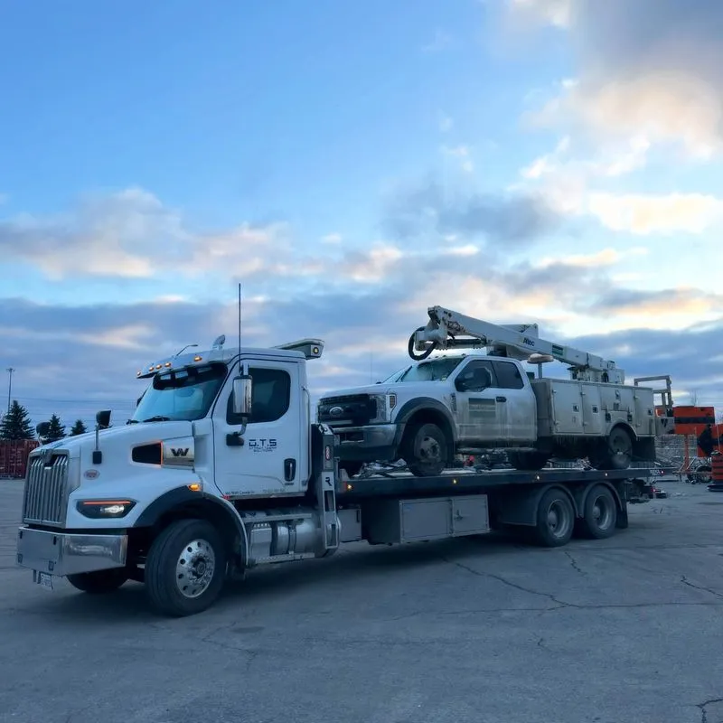 OTS flatbed hauling a utility truck at sunset in Ottawa